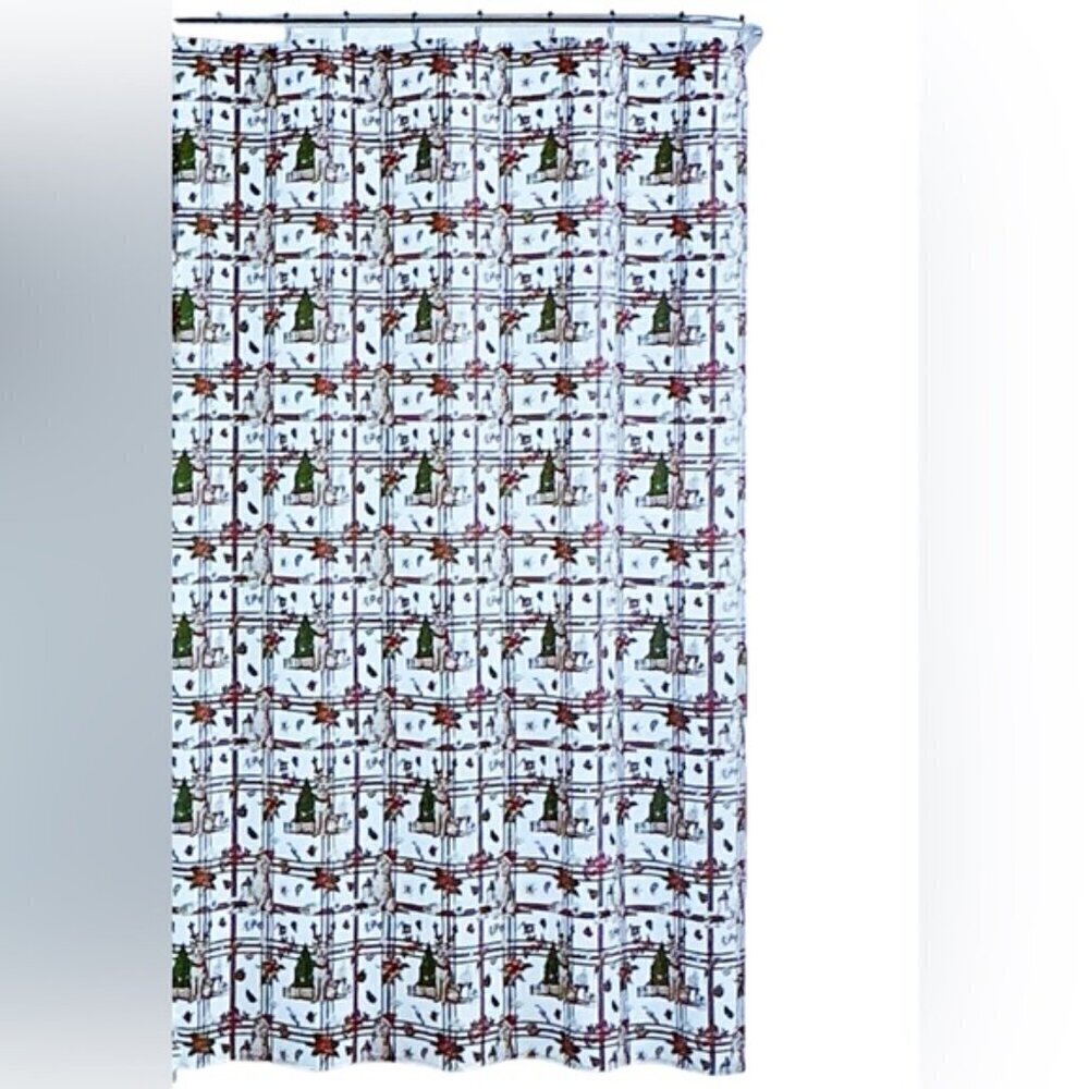 Christmas Shower Curtain Fabric Tartan Buffalo Plaid Dog Print Red White 70 x 72 - Picture 10 of 16